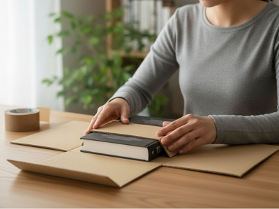 Frau packt Buch in Buchverpackung