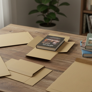 Buchverpackungen neben Büchern auf Tisch