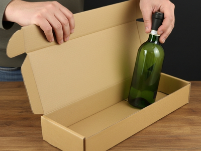 Es wird eine Flasche in einen DHL-Karton gepackt