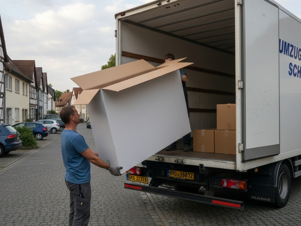 Fahrradkarton wird von 2 Männern in Transporter geladen