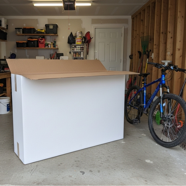 Fahrradkarton in Garage neben Fahrrad