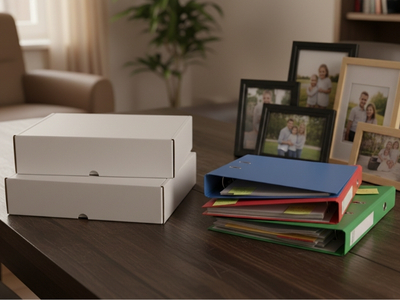 mehrere Faltschachteln auf Tisch gestapelt