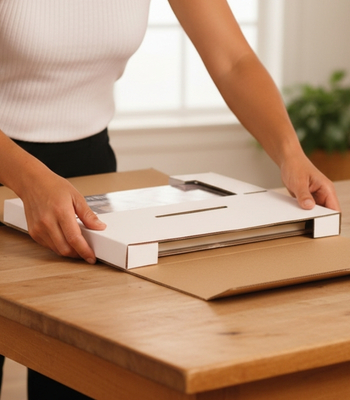 Frau packt etwas in Faltschachtel