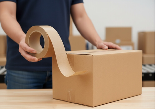 Nassklebeband in Hand neben Karton