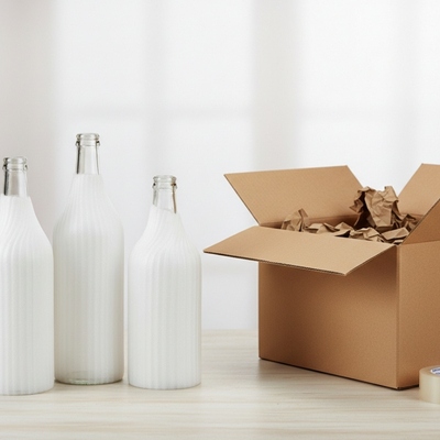 Flaschen in Schaumfolien neben Karton