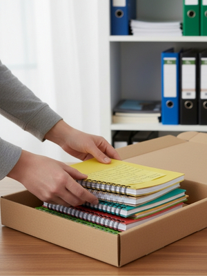 Person legt Hefte in Versandkarton