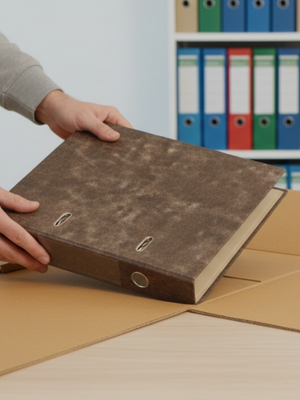 Person packt Ordner in Versandkarton