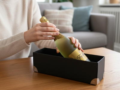 Frau packt Flasche in Flaschenverpackung