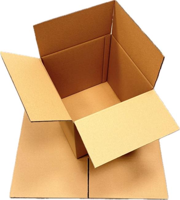 Aufgebauter Schwerlastkarton 355x355x355 mm präsentiert auf einem flachliegenden, unaufgebauten Exemplar.